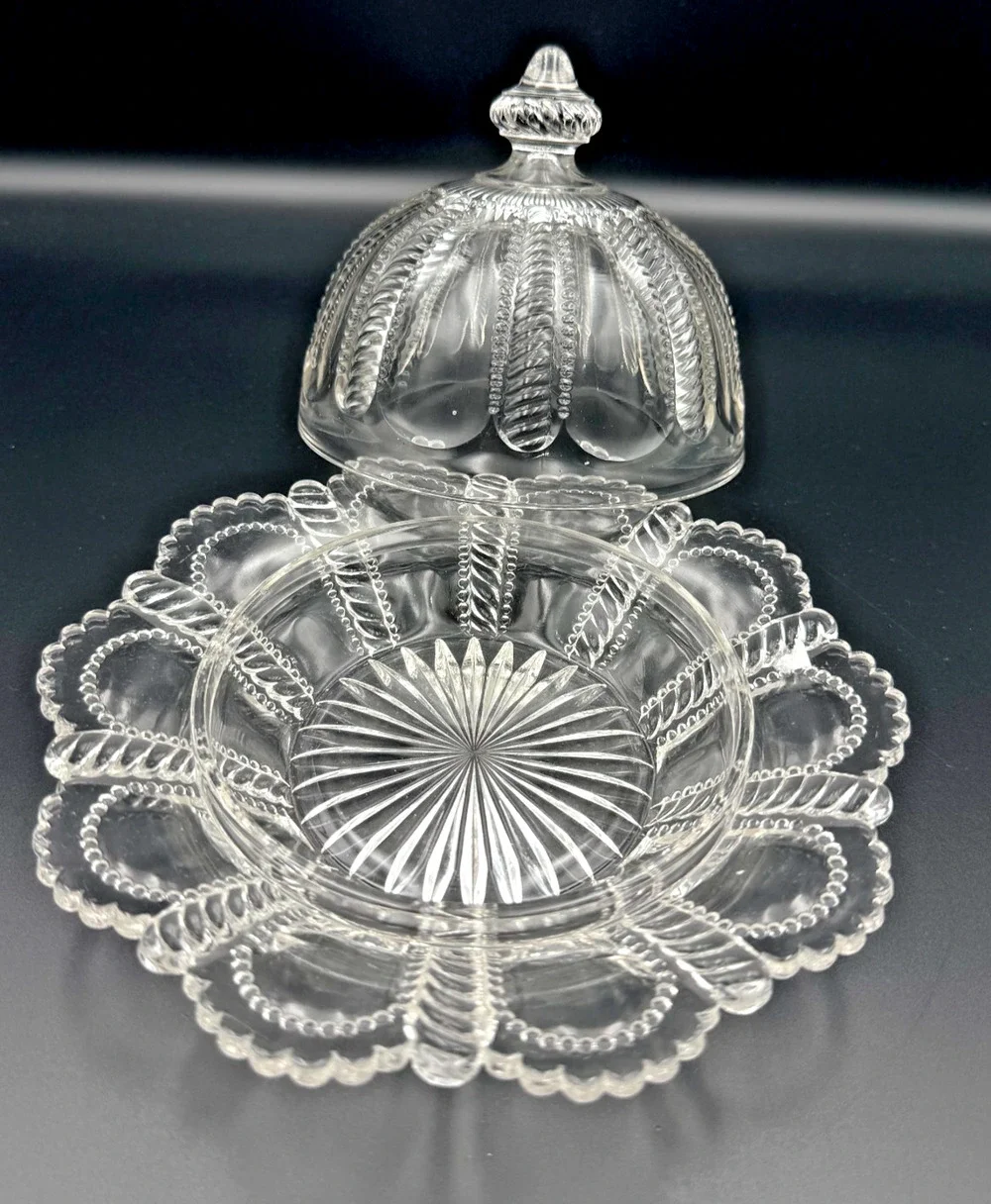 Antique EAPG Dome Lidded Butter Cheese Dish Victorian Cottage Scalloped Beaded